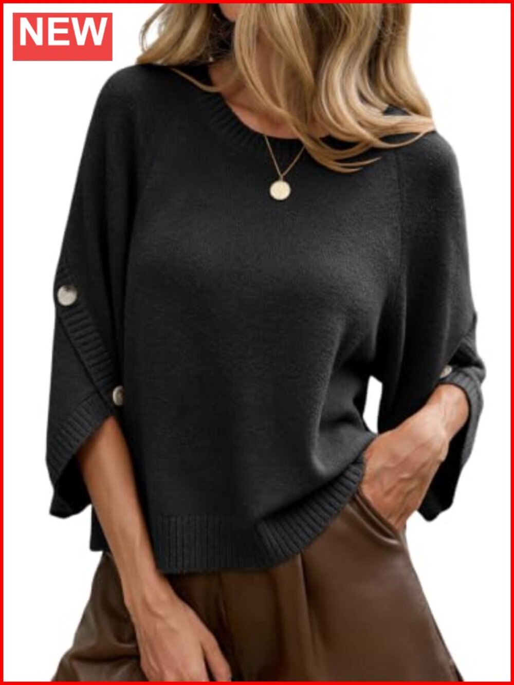 Women's Cropped Batwing Sweater 3/4 Button Sleeve Crewneck Knit Pullover